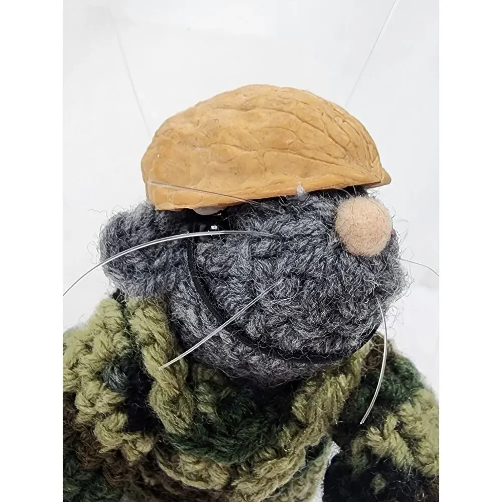 OOAK Handmade Crochet Soldier Gray Mouse w/Camo Jacket Walnut Helmut & Rifle